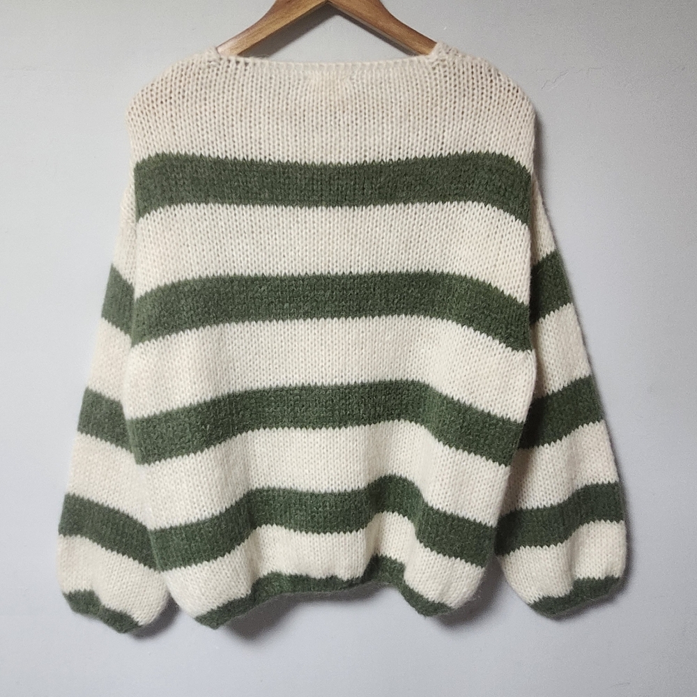 Ange Green and Cream Striped Loose Knit Sweater Top L - Picture 2 of 4